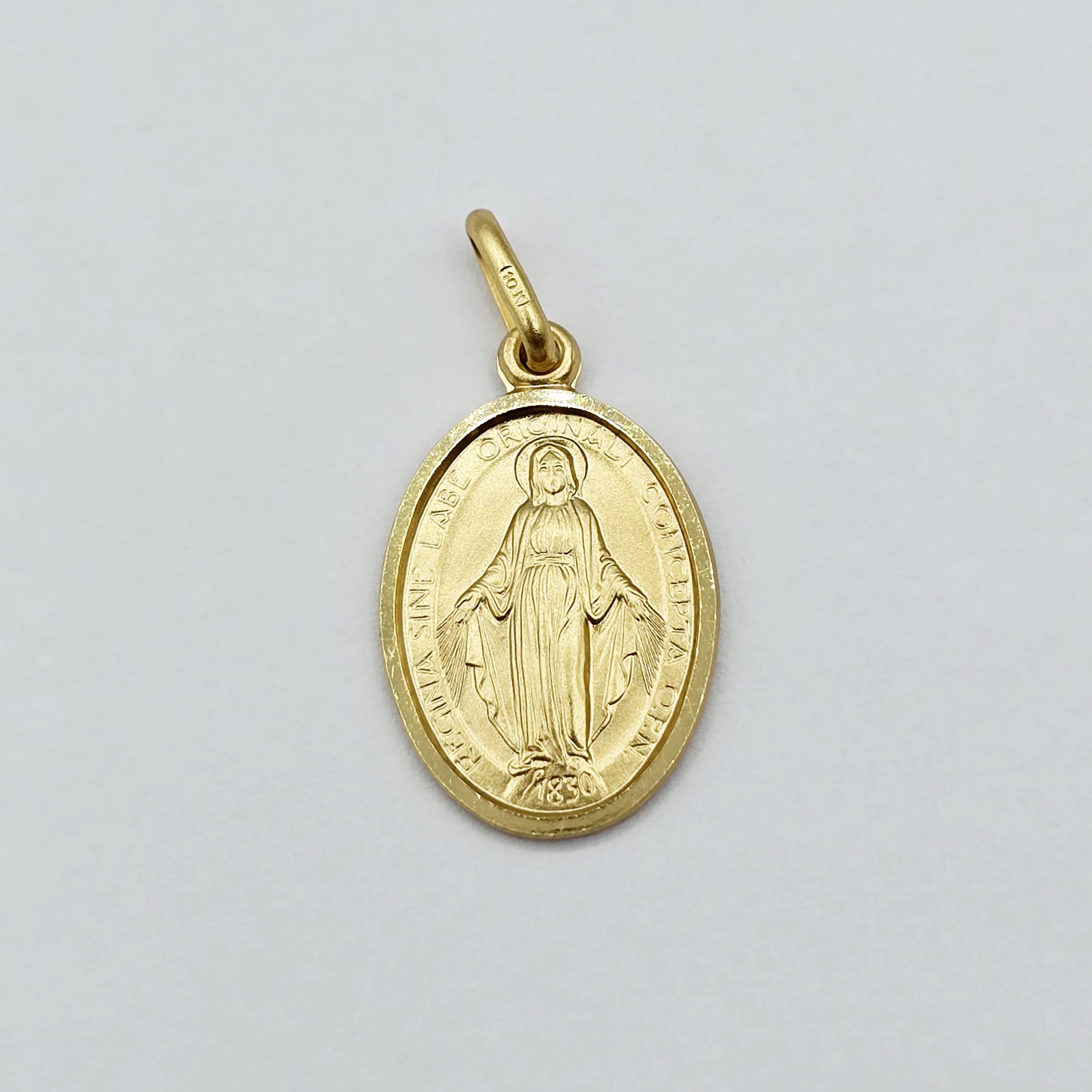 10K Solid Gold Miraculous Medal Pendant: Oval Virgin Mary Charm