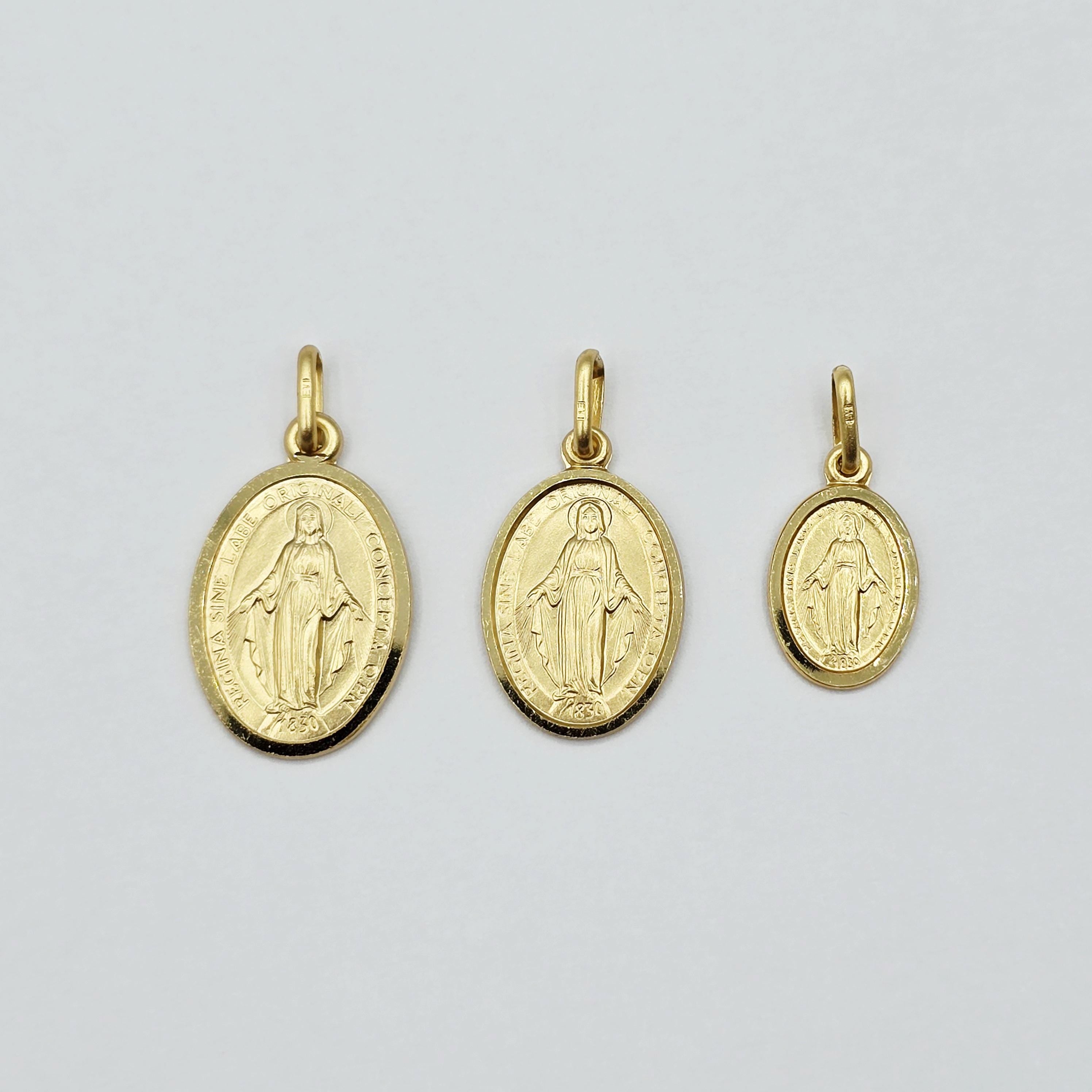 10K Solid Gold Miraculous Medal Pendant: Oval Virgin Mary Charm