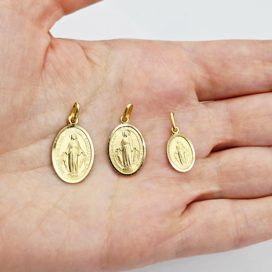 10K Solid Gold Miraculous Medal Pendant: Oval Virgin Mary Charm