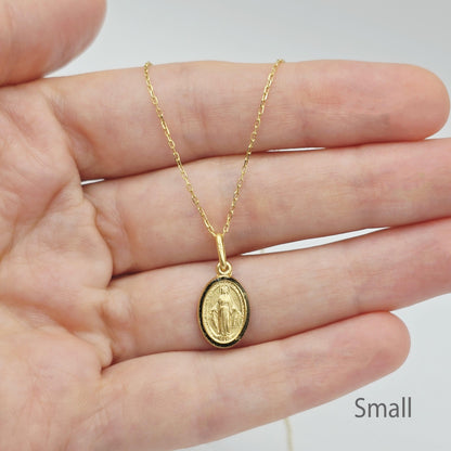 10K Solid Gold Miraculous Medal Pendant: Oval Virgin Mary Charm