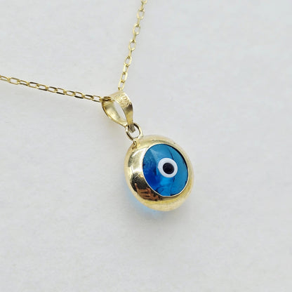 10K Gold Evil Eye Pendant Necklace: Blue Glass Amulet