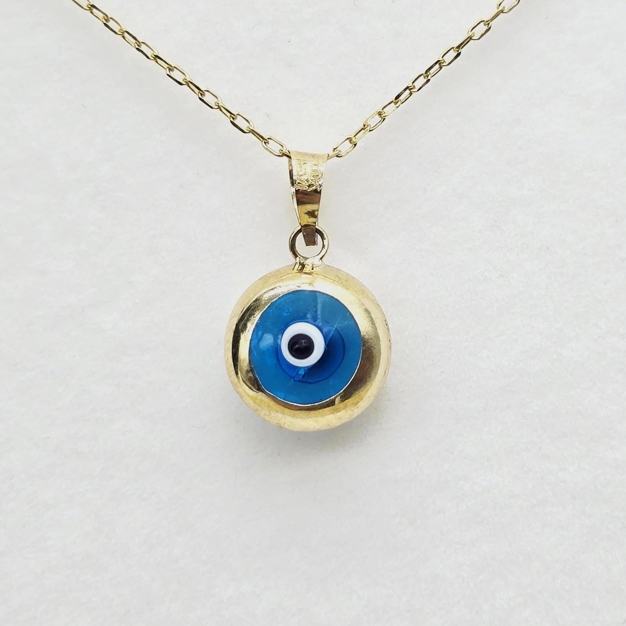 10K Gold Evil Eye Pendant Necklace: Blue Glass Amulet