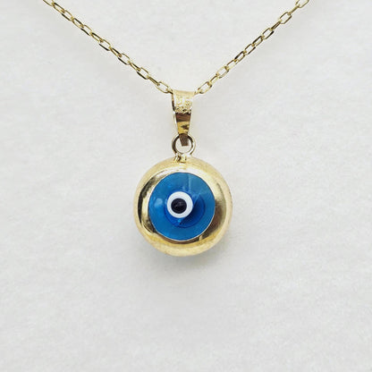 10K Gold Evil Eye Pendant Necklace: Blue Glass Amulet