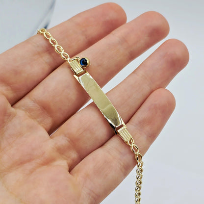 10K Gold Baby ID Bracelet: Engravable Name Plate, Blue Evil Eye Charm