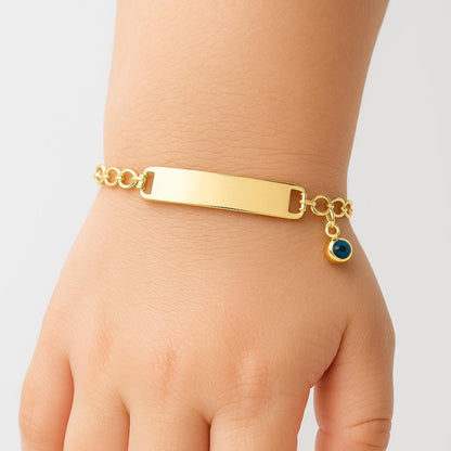 10K Gold Baby ID Bracelet: Engravable Name Plate, Blue Evil Eye Charm