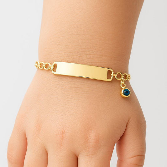 10K Gold Baby ID Bracelet: Engravable Name Plate, Blue Evil Eye Charm