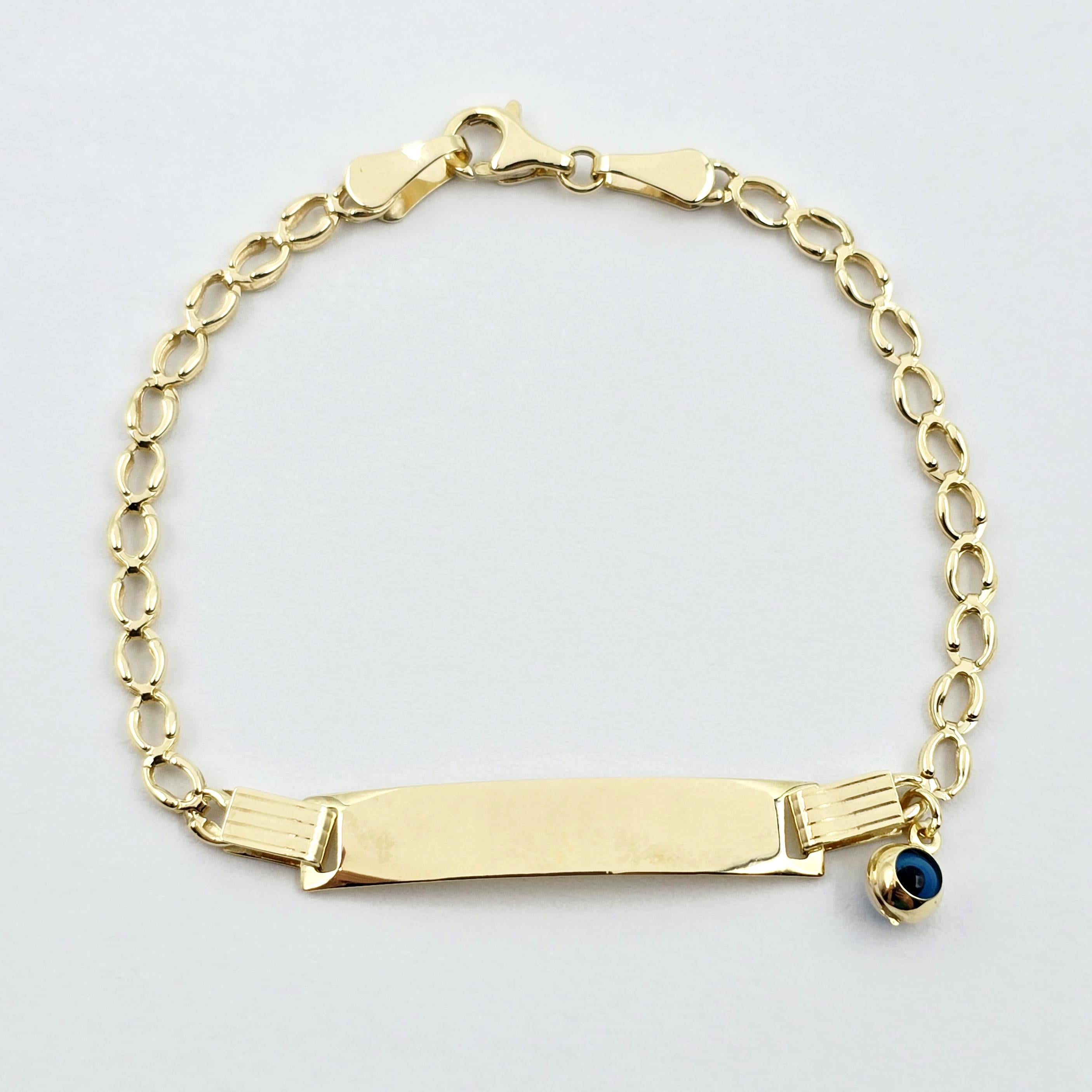 10K Gold Baby ID Bracelet: Engravable Name Plate, Blue Evil Eye Charm
