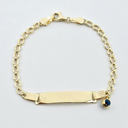 10K Gold Baby ID Bracelet: Engravable Name Plate, Blue Evil Eye Charm