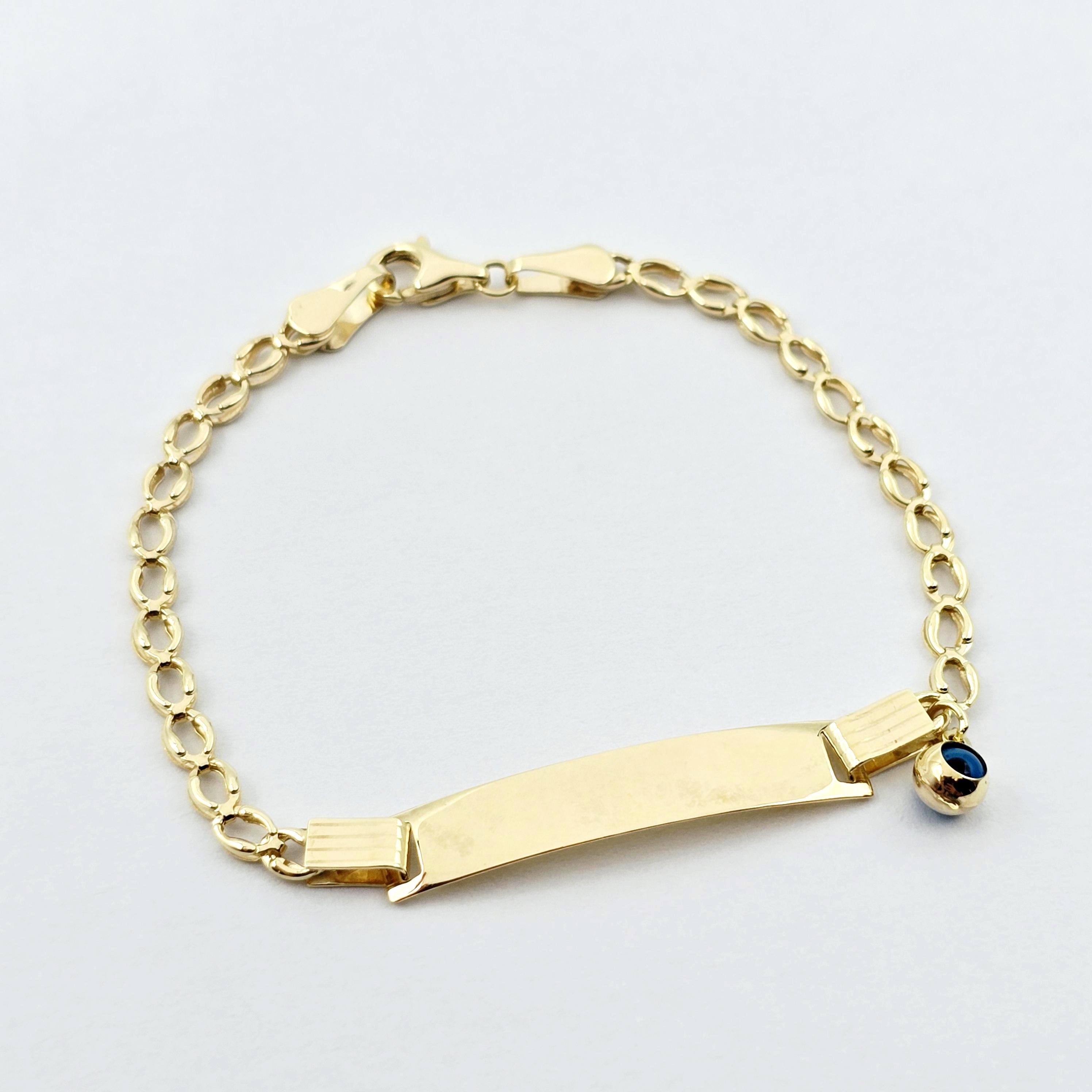 10K Gold Baby ID Bracelet: Engravable Name Plate, Blue Evil Eye Charm