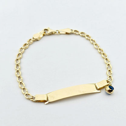 10K Gold Baby ID Bracelet: Engravable Name Plate, Blue Evil Eye Charm
