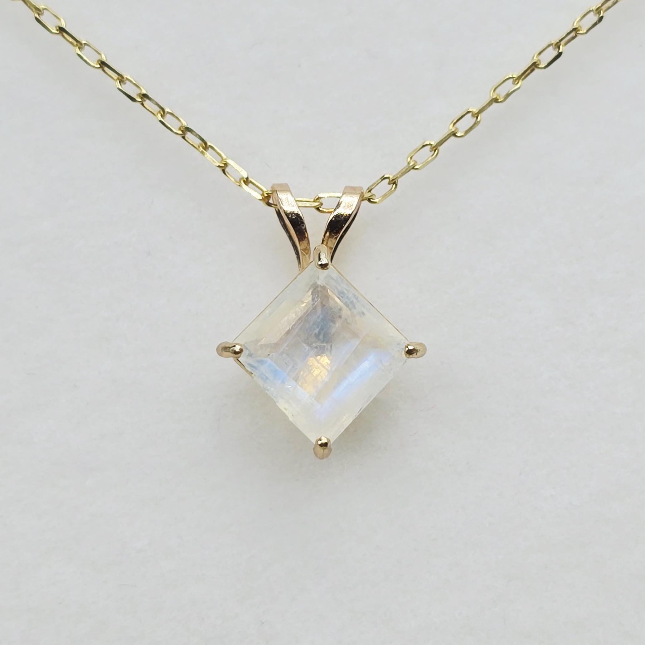 10K Yellow Gold Genuine Moonstone 6x6mm Pendant, Square Gemstone Pendant, June Birthstone Jewelry