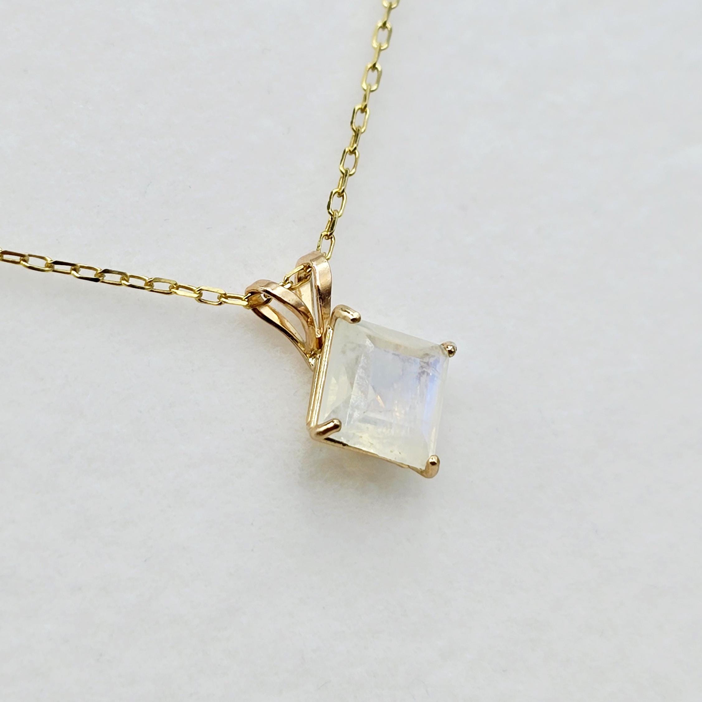 10K Yellow Gold Genuine Moonstone 6x6mm Pendant, Square Gemstone Pendant, June Birthstone Jewelry