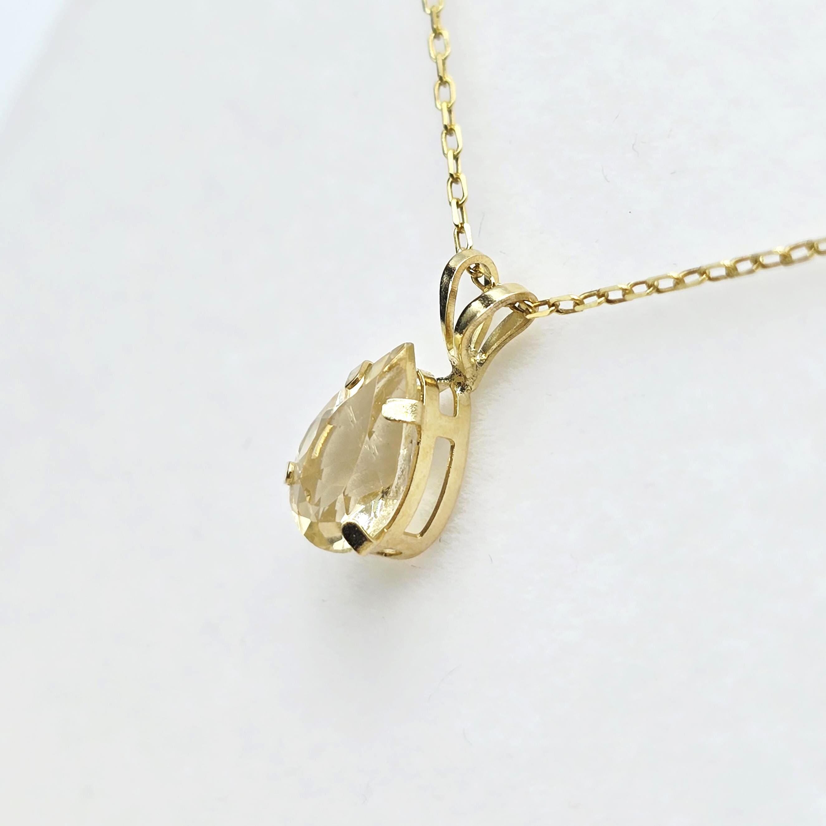 10K Yellow Gold Pear Citrine Pendant Necklace, November Birthstone