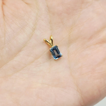 14K Gold Emerald Cut Blue Topaz Pendant Necklace, December Birthstone 7x5mm