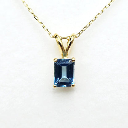 14K Gold Emerald Cut Blue Topaz Pendant Necklace, December Birthstone 7x5mm
