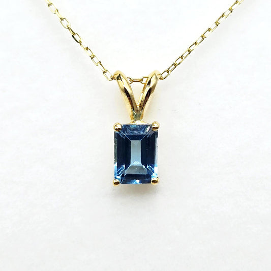 14K Gold Emerald Cut Blue Topaz Pendant Necklace, December Birthstone 7x5mm