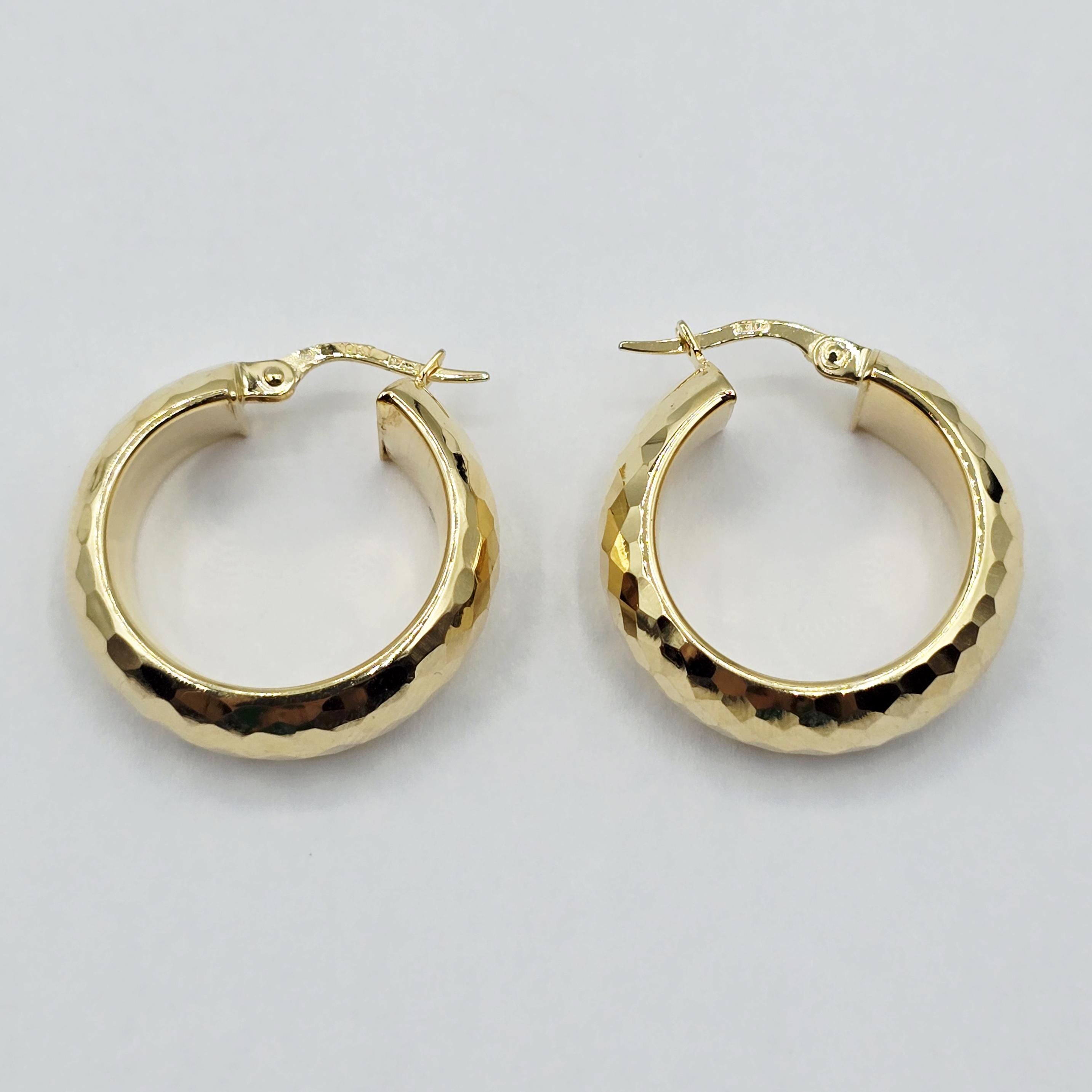 10K Yellow Gold Hammered Hoop Earrings, Chunky Textured Hoops (23mm)