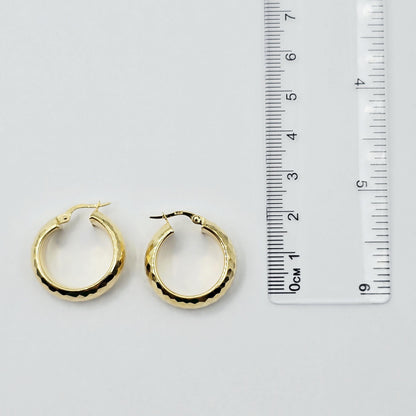 10K Yellow Gold Hammered Hoop Earrings, Chunky Textured Hoops (23mm)