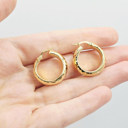 10K Yellow Gold Hammered Hoop Earrings, Chunky Textured Hoops (23mm)