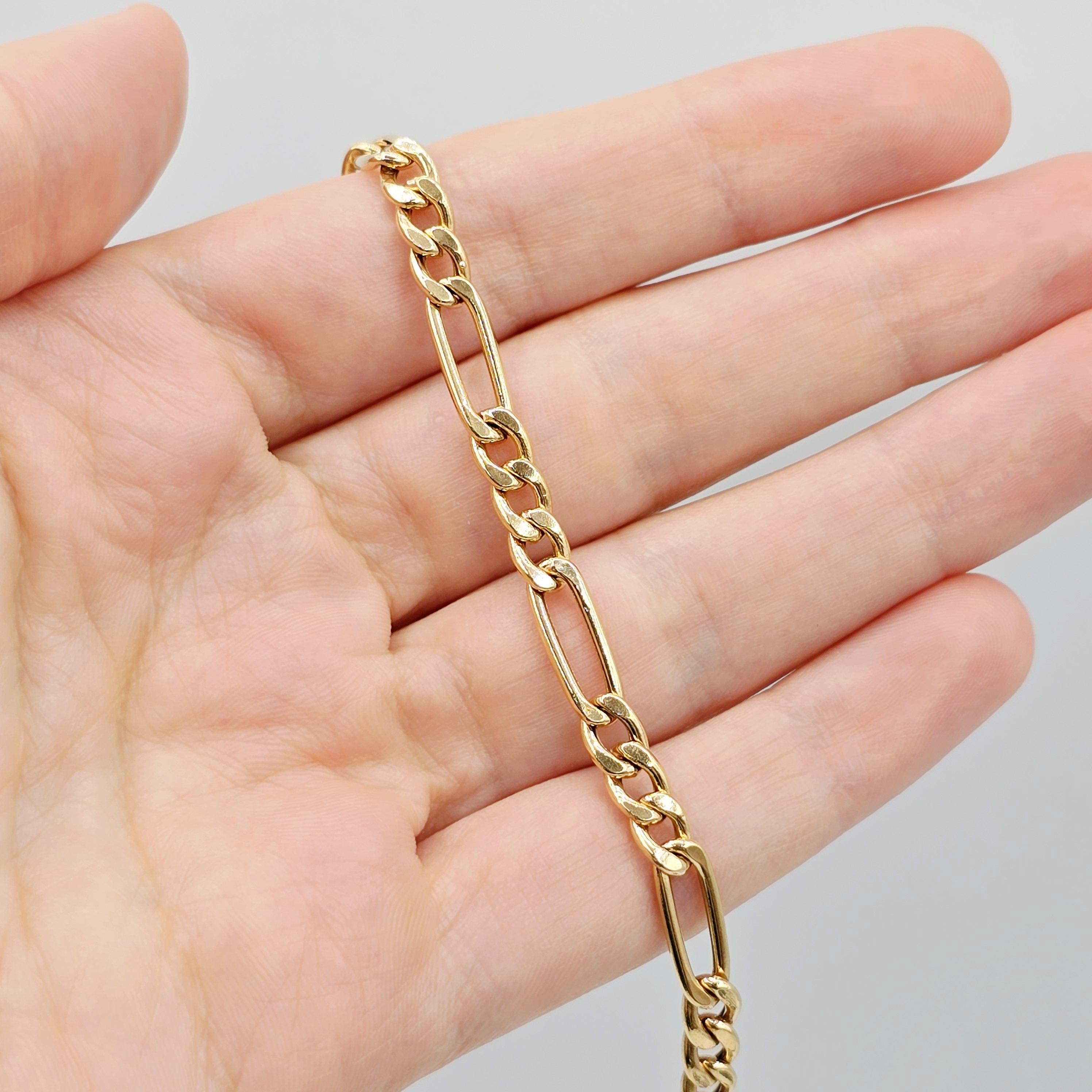 18K Solid Gold Figaro Chain Bracelet, Classic Link, 7 inches