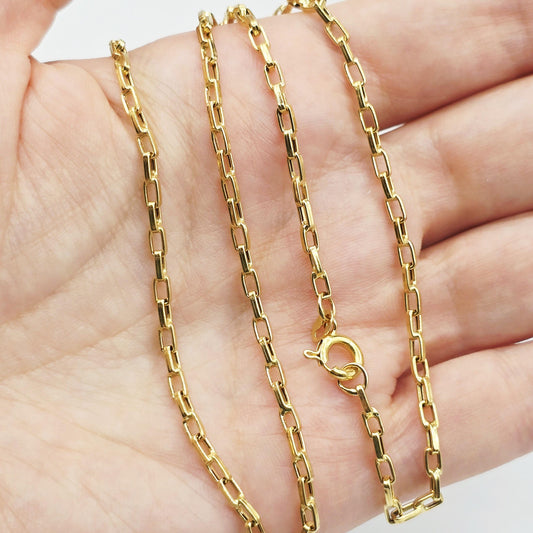 18K Solid Gold Rectangular Link Chain, 17" Minimalist Necklace