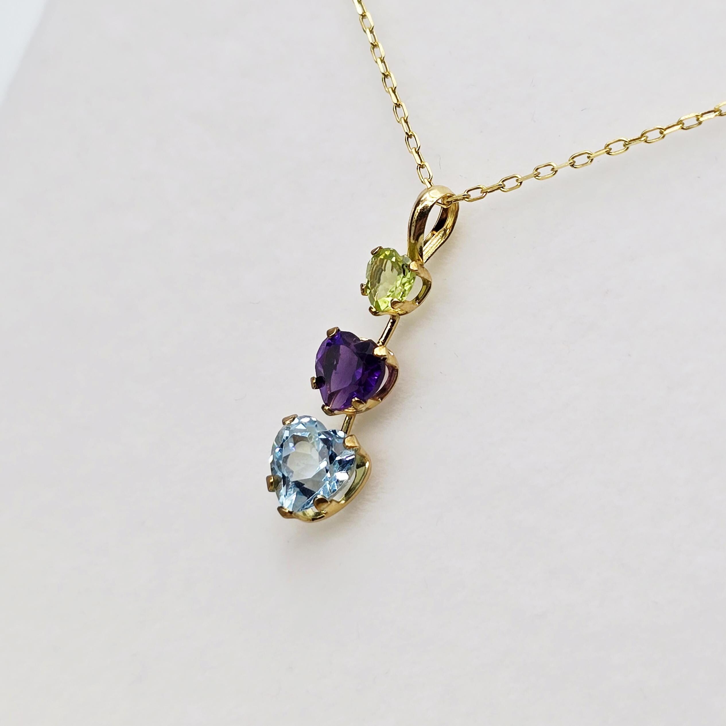 14K Yellow Gold Peridot Amethyst Blue Topaz Pendant Necklace, Multi Birthstone Jewellery for Women