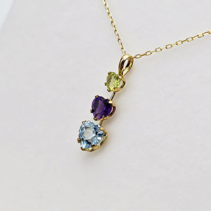 14K Yellow Gold Peridot Amethyst Blue Topaz Pendant Necklace, Multi Birthstone Jewellery for Women