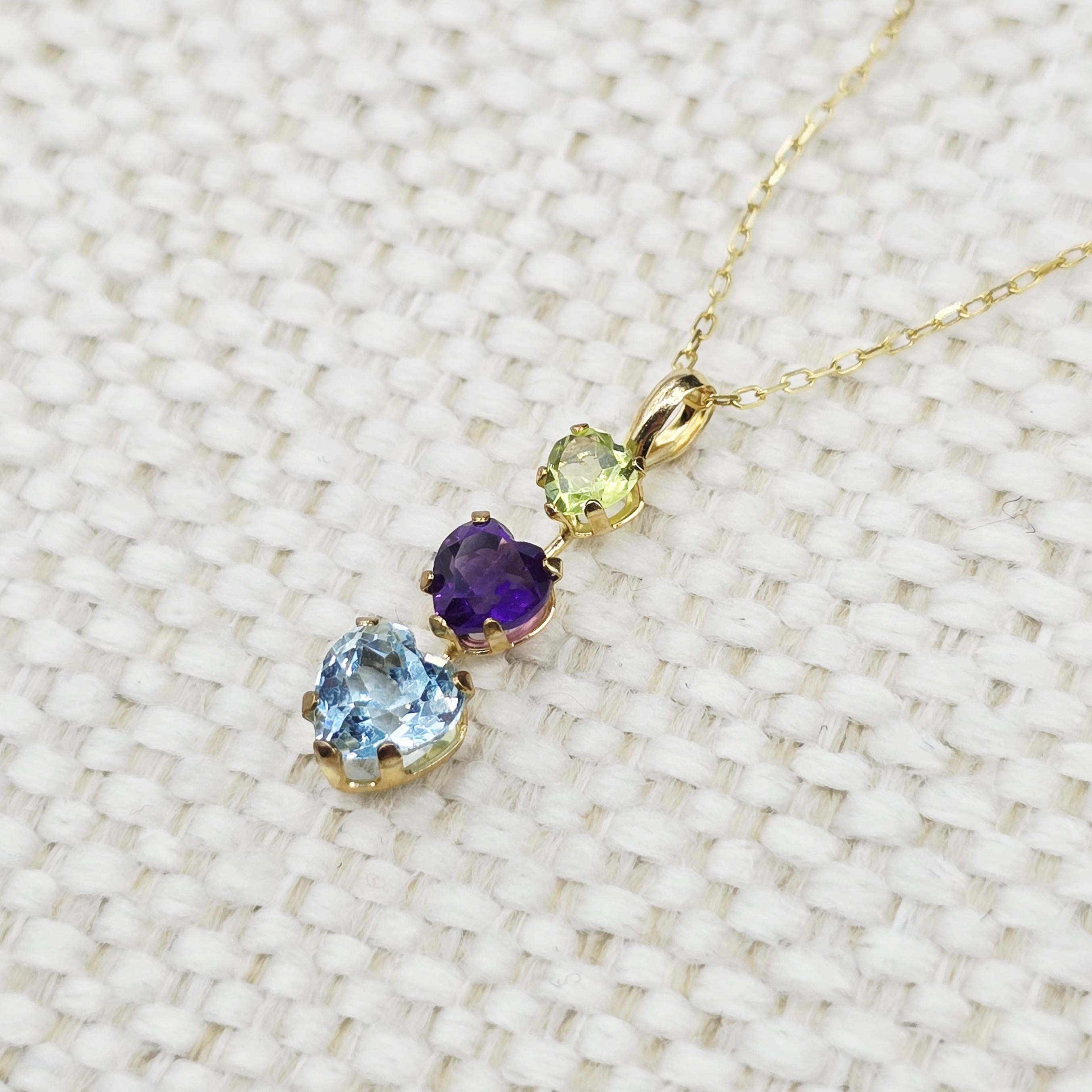 14K Yellow Gold Peridot Amethyst Blue Topaz Pendant Necklace, Multi Birthstone Jewellery for Women