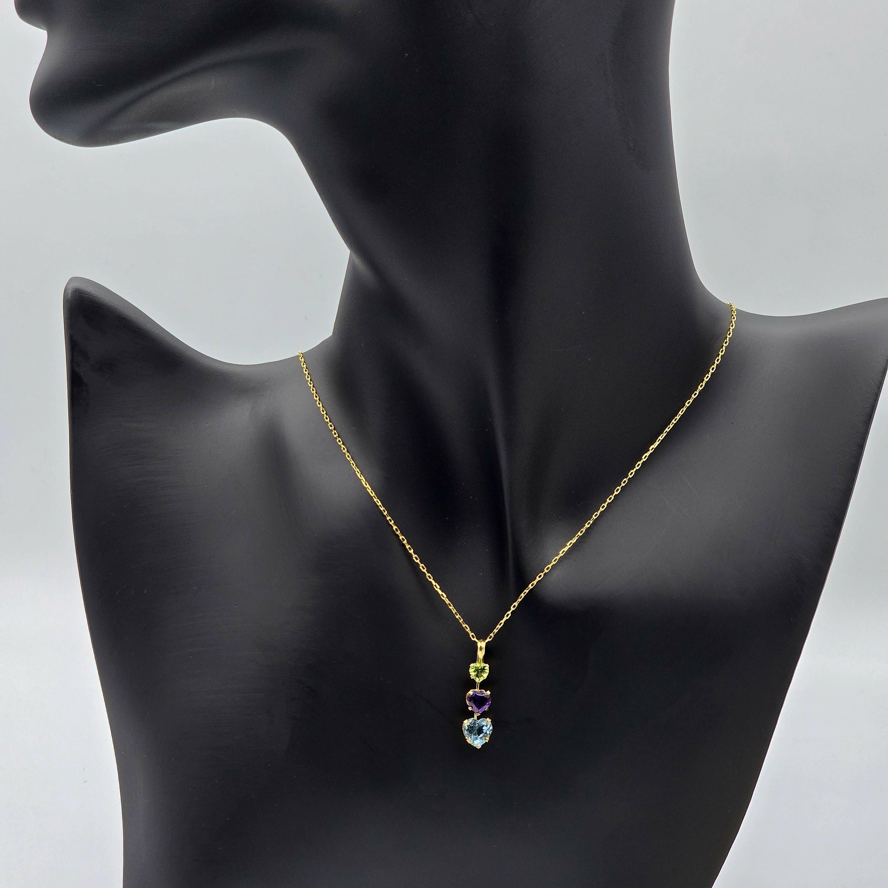 14K Yellow Gold Peridot Amethyst Blue Topaz Pendant Necklace, Multi Birthstone Jewellery for Women