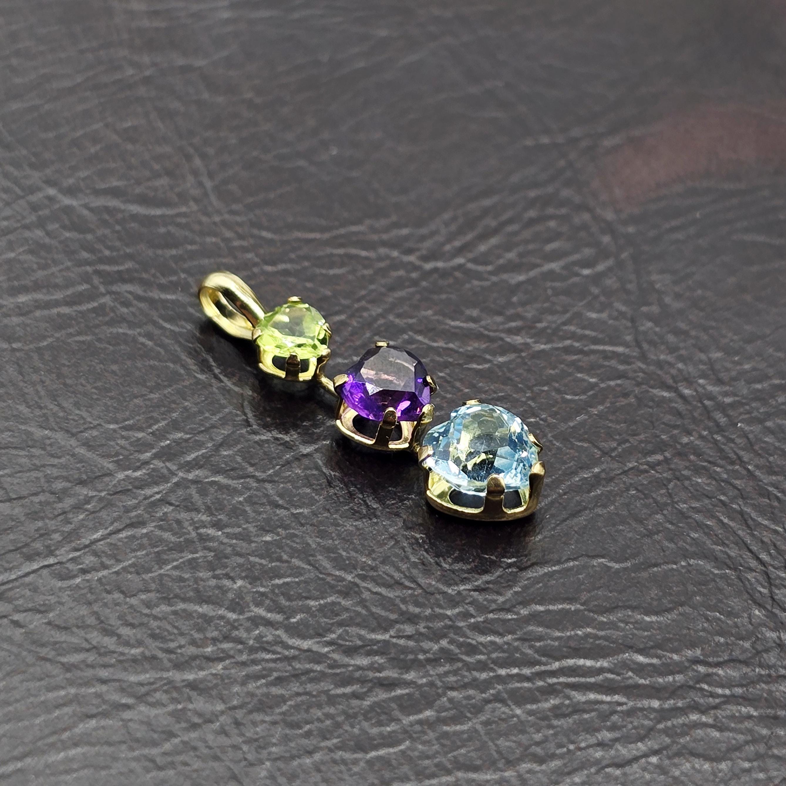 14K Yellow Gold Peridot Amethyst Blue Topaz Pendant Necklace, Multi Birthstone Jewellery for Women