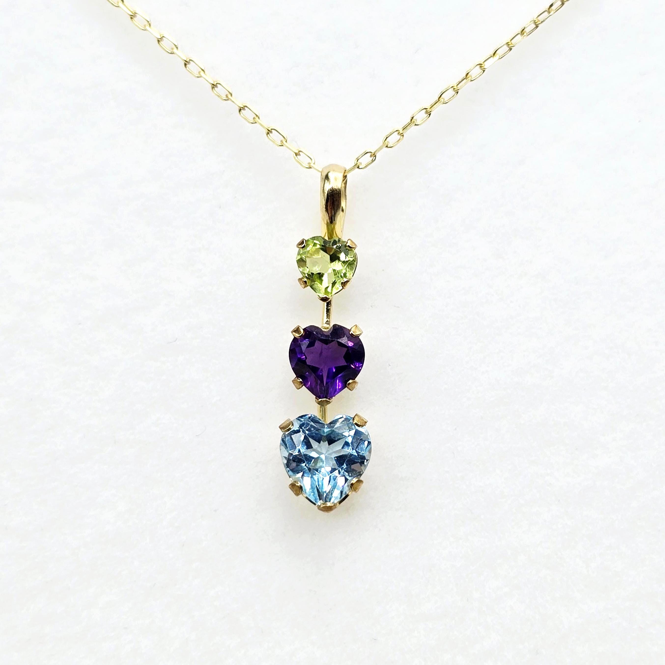 14K Yellow Gold Peridot Amethyst Blue Topaz Pendant Necklace, Multi Birthstone Jewellery for Women