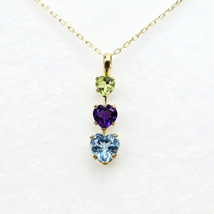 14K Yellow Gold Peridot Amethyst Blue Topaz Pendant Necklace, Multi Birthstone Jewellery for Women