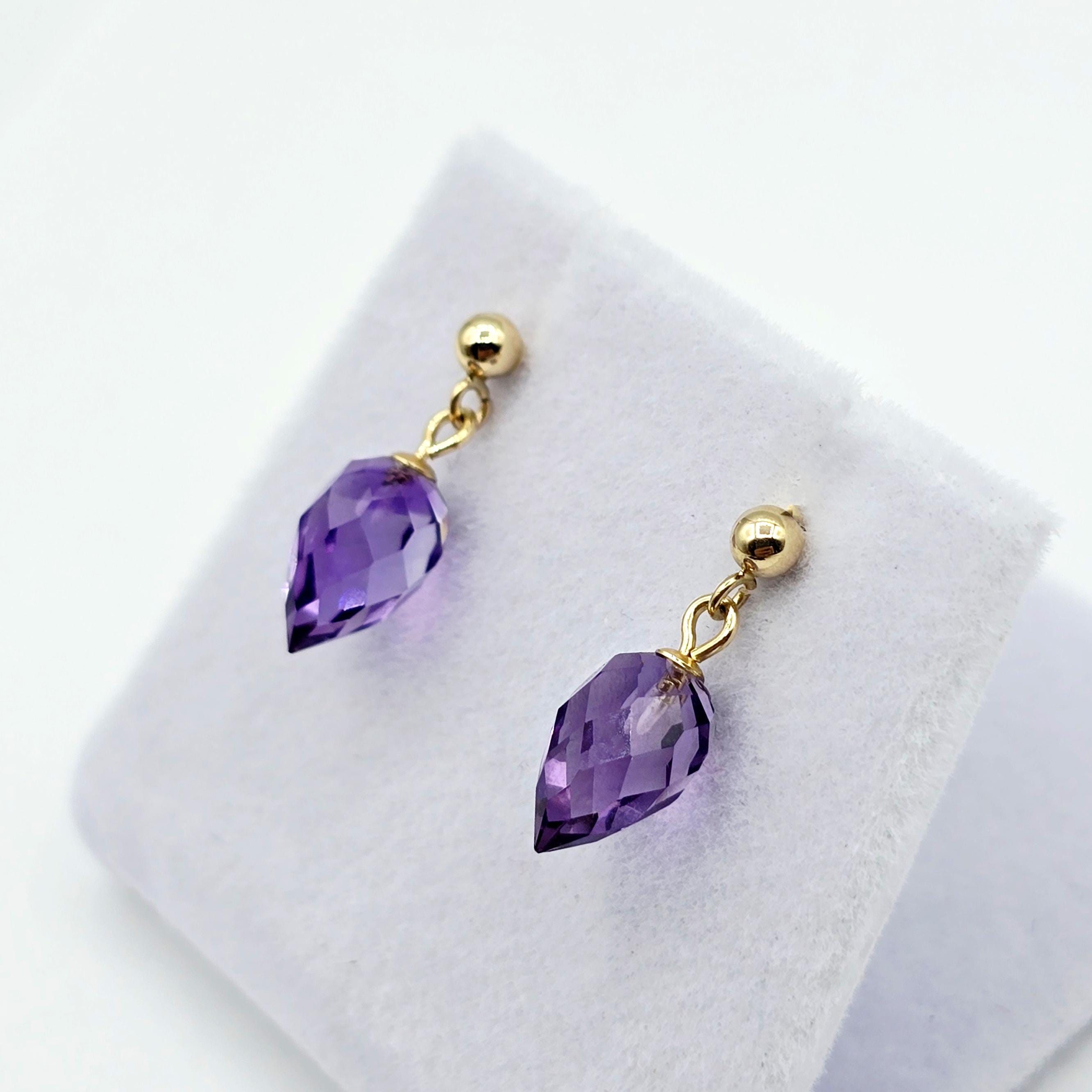 14K Yellow Gold Genuine Amethyst Drop Stud Earrings, Briolette Cut Amethyst Jewellery