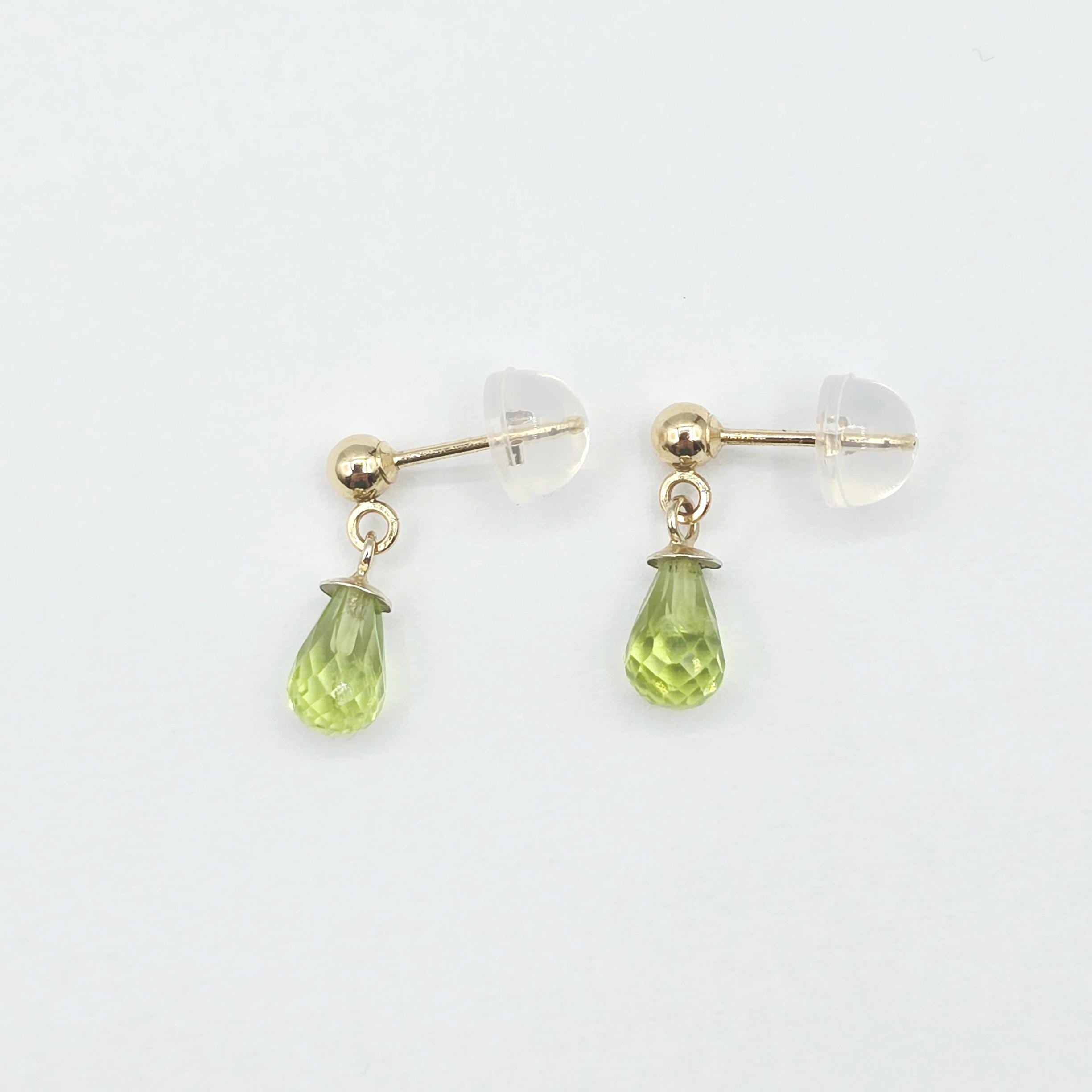 14K Yellow Gold Peridot Drop Earrings, Briolette Cut, August Birthstone