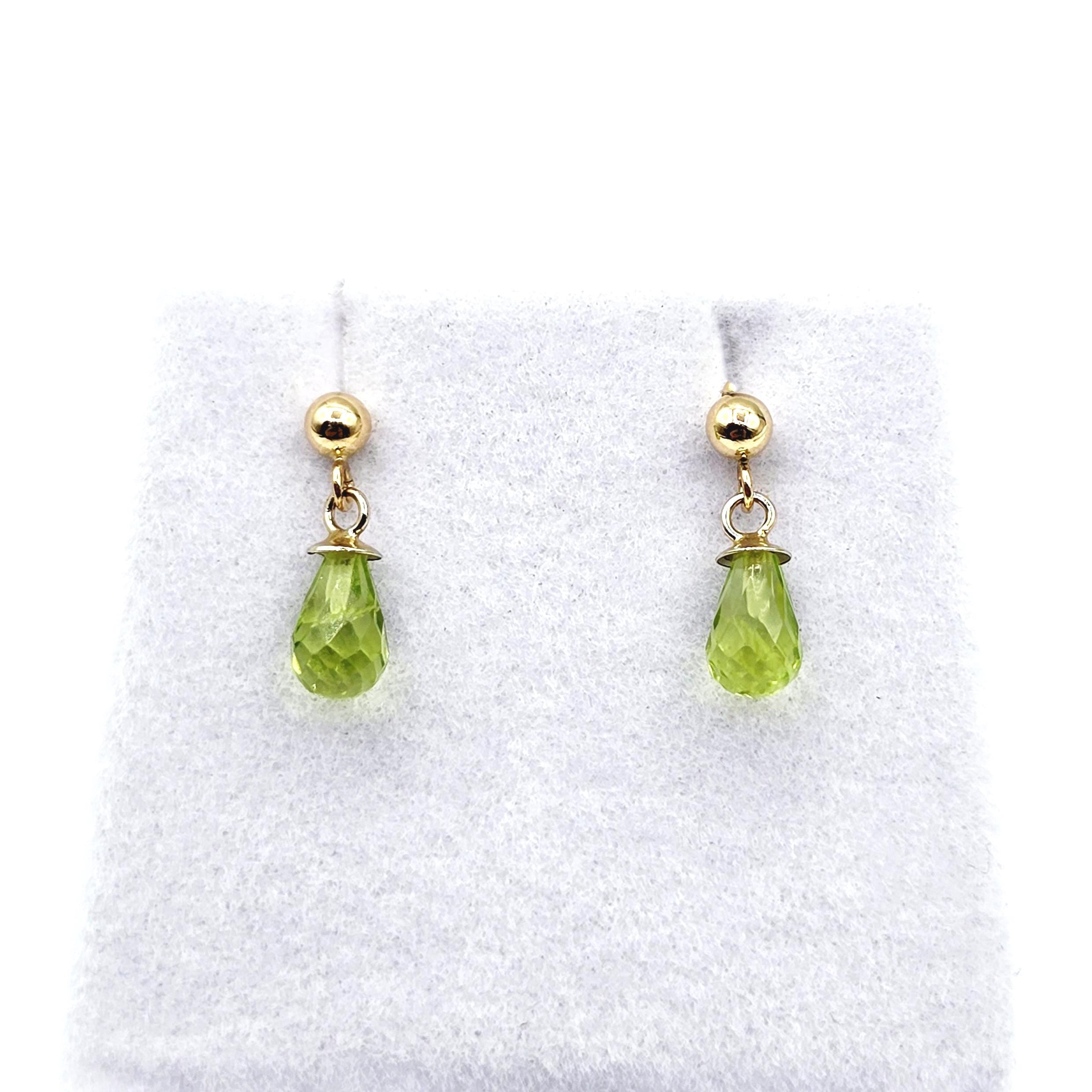 14K Yellow Gold Peridot Drop Earrings, Briolette Cut, August Birthstone