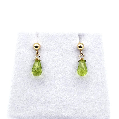 14K Yellow Gold Peridot Drop Earrings, Briolette Cut, August Birthstone