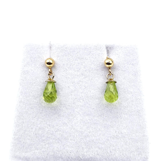 14K Yellow Gold Peridot Drop Earrings, Briolette Cut, August Birthstone