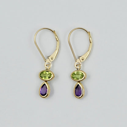 14K Yellow Gold Peridot Amethyst Drop Earrings, Lever Back