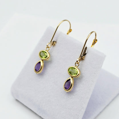 14K Yellow Gold Peridot Amethyst Drop Earrings, Lever Back