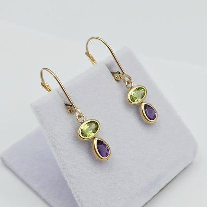 14K Yellow Gold Peridot Amethyst Drop Earrings, Lever Back