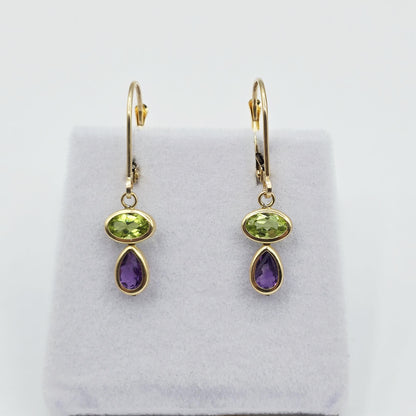 14K Yellow Gold Peridot Amethyst Drop Earrings, Lever Back