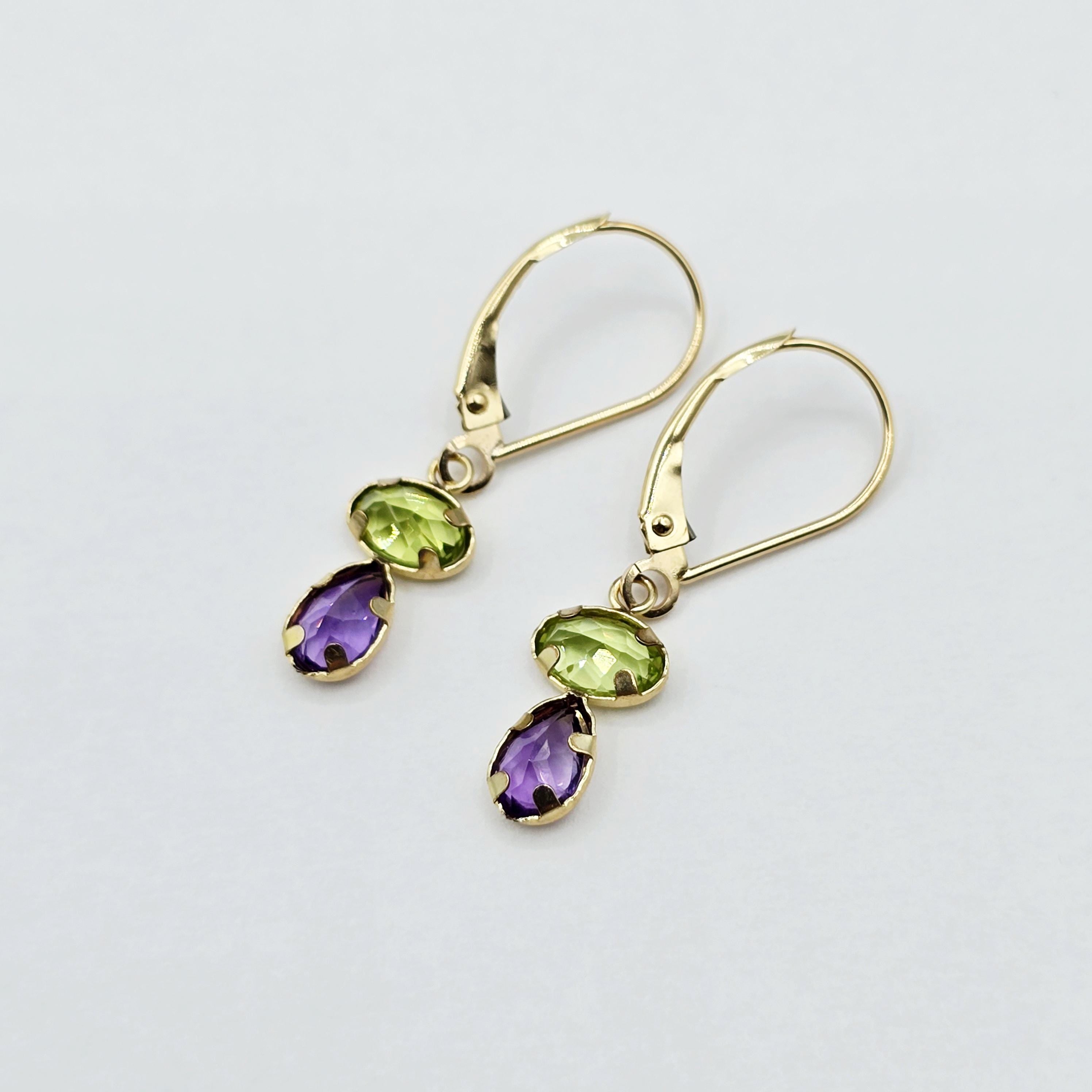14K Yellow Gold Peridot Amethyst Drop Earrings, Lever Back