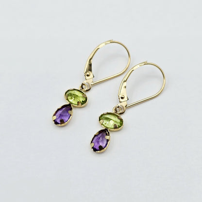 14K Yellow Gold Peridot Amethyst Drop Earrings, Lever Back