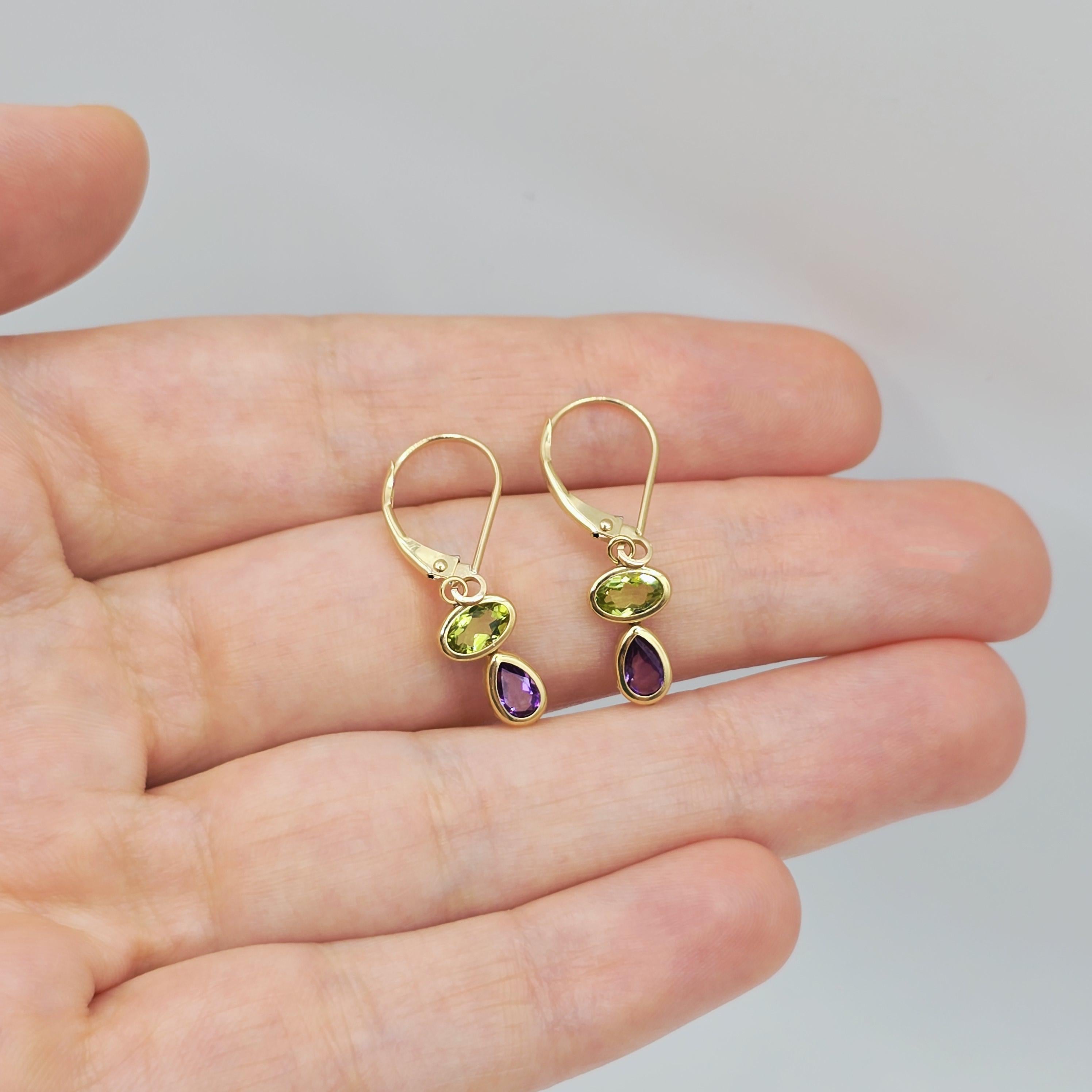 14K Yellow Gold Peridot Amethyst Drop Earrings, Lever Back