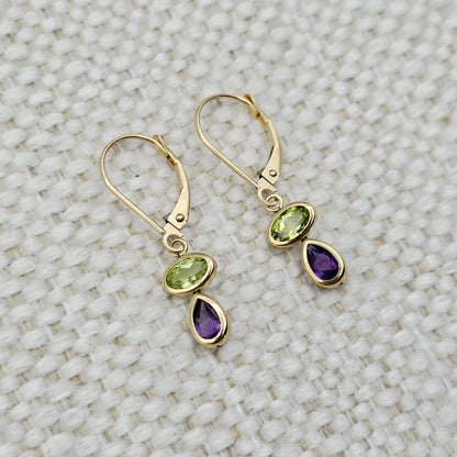 14K Yellow Gold Peridot Amethyst Drop Earrings, Lever Back