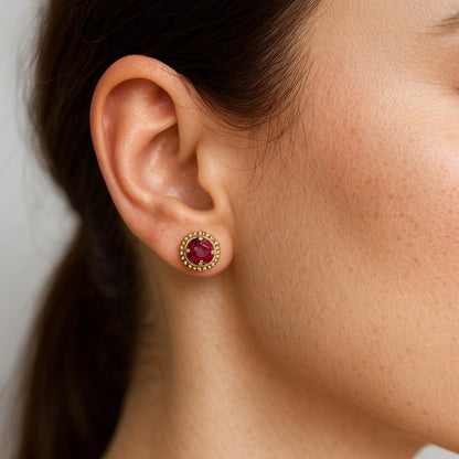 10K Yellow Gold Ruby 6x6mm Stud Earrings: Milgrain July Birthstone