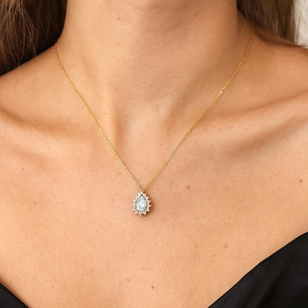 Blue Topaz Pear Pendant Necklace, Gold-Plated Sterling Silver, CZ Halo