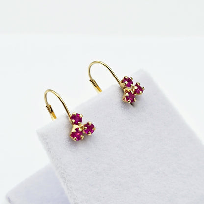 14K Yellow Gold Ruby Earrings , Dangle Lever back Gemstone Earrings