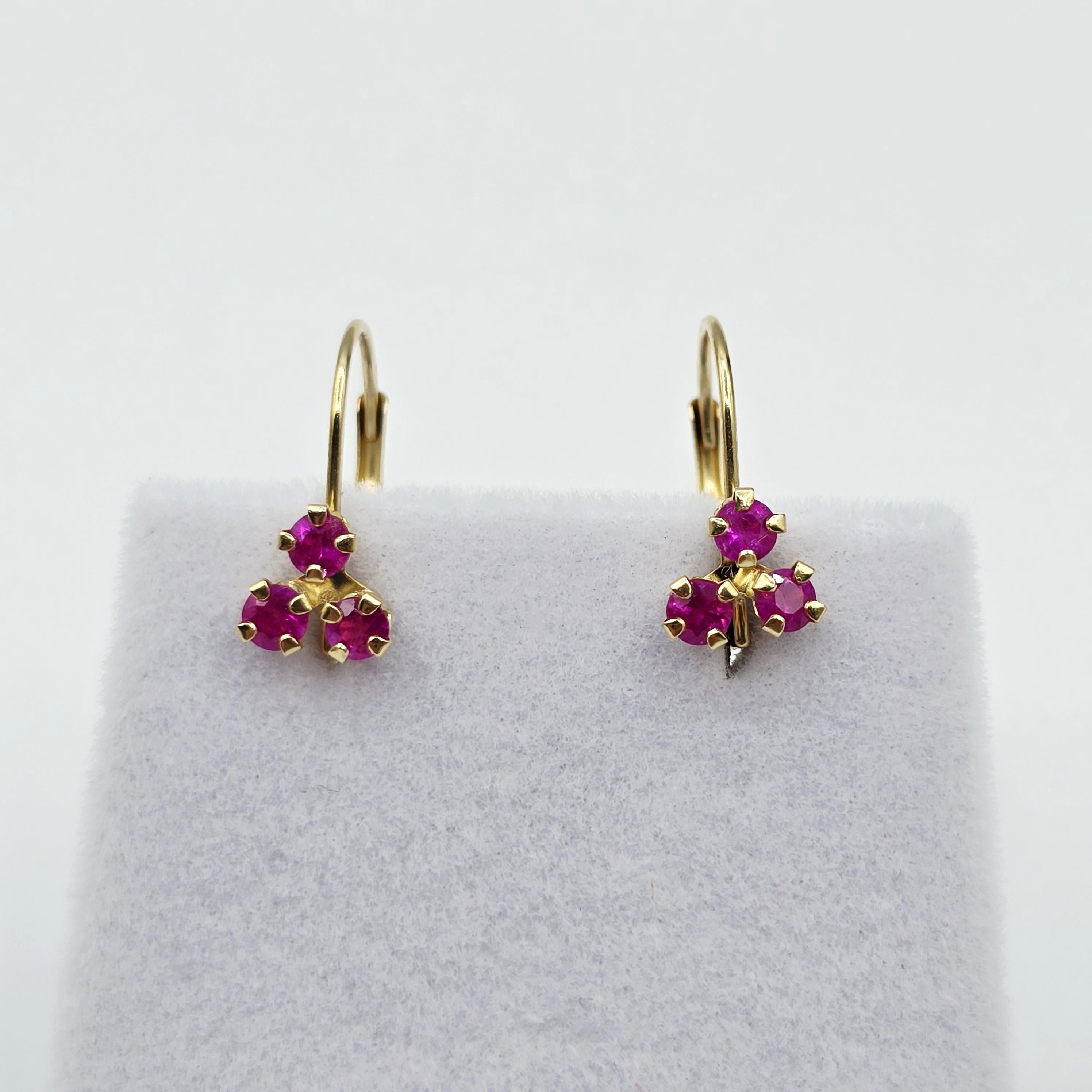 14K Yellow Gold Ruby Earrings , Dangle Lever back Gemstone Earrings