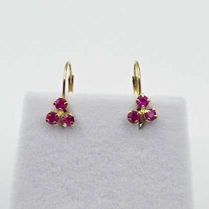 14K Yellow Gold Ruby Earrings , Dangle Lever back Gemstone Earrings